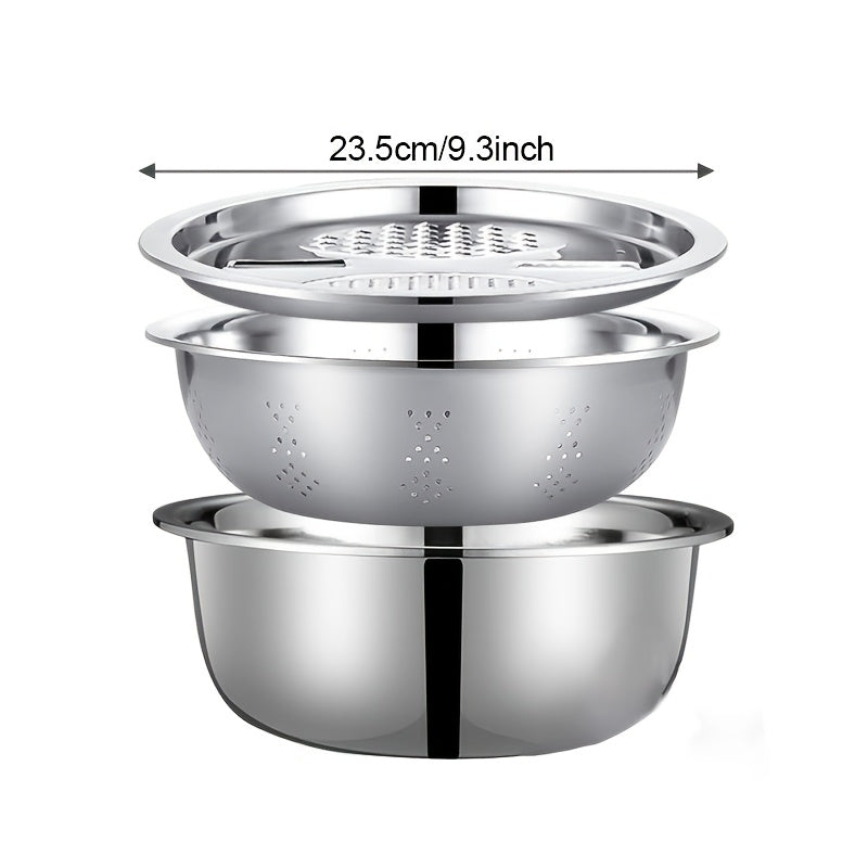 3pcs Stainless Steel Kitchen Set with Integrated Grinder, Multi-Purpose Filter and Mixing Bowl - Ideal for Cleaning and Slicing Fruits, Vegetables, and Cheese | Food Safety with Drainage System, Perfect for Home Cooking, Kitchen Grinder