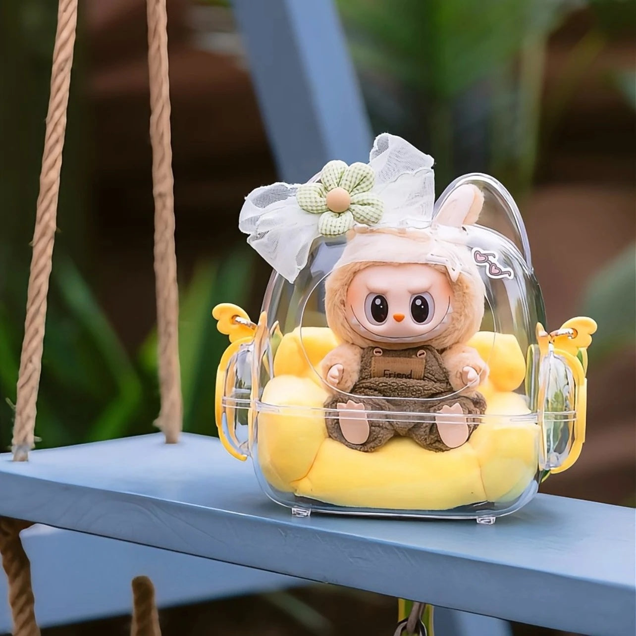 2025 Crystal Clear Acrylic Display Case with Adjustable Strap - Labubu/Crybaby/Skullgirl Anime Figure Showcase, Large Transparent Storage with Detachable Door & Playful Character Design for Collectors, Summer Eye-Catching Glowing Acrylic Carrier, Anime Ac