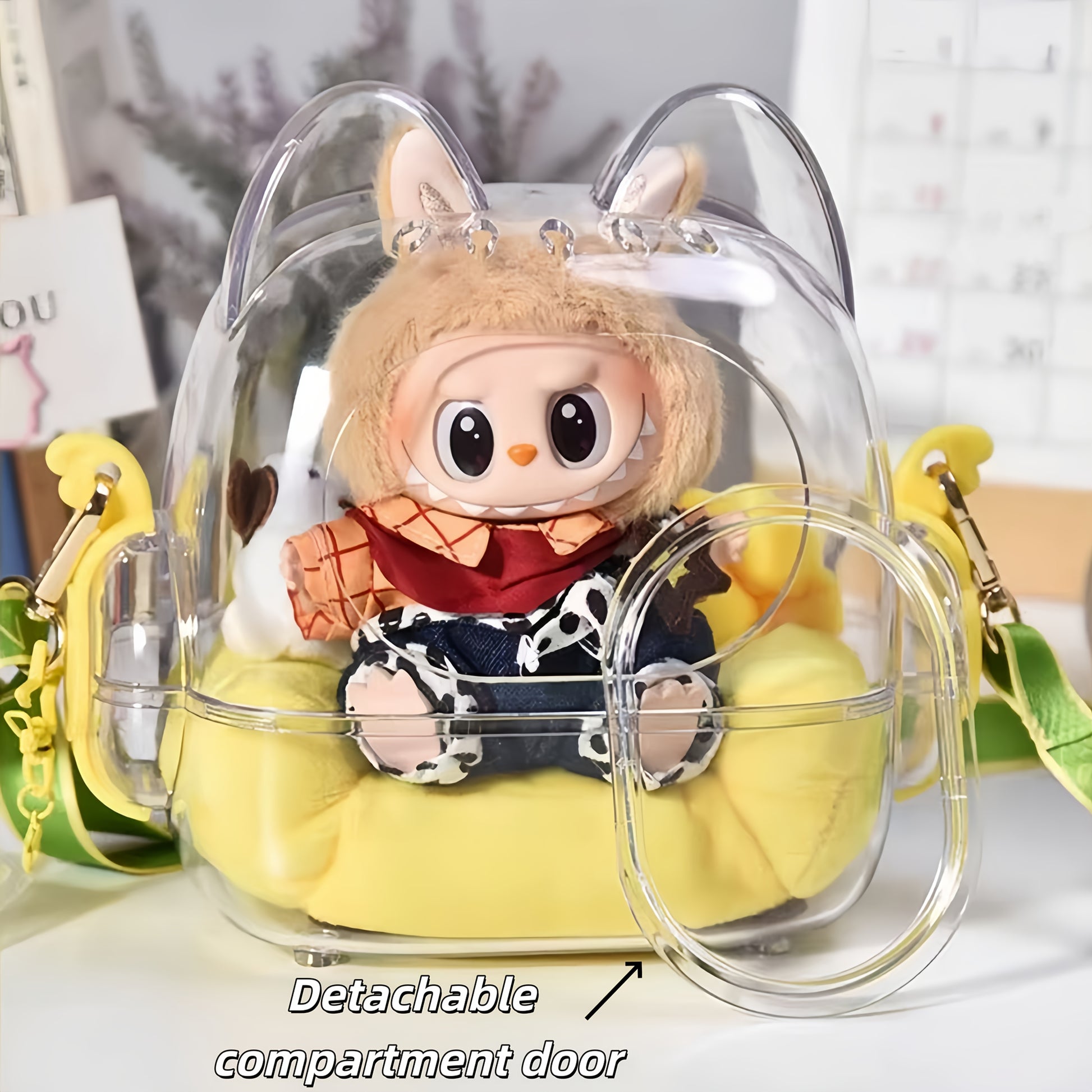 2025 Crystal Clear Acrylic Display Case with Adjustable Strap - Labubu/Crybaby/Skullgirl Anime Figure Showcase, Large Transparent Storage with Detachable Door & Playful Character Design for Collectors, Summer Eye-Catching Glowing Acrylic Carrier, Anime Ac