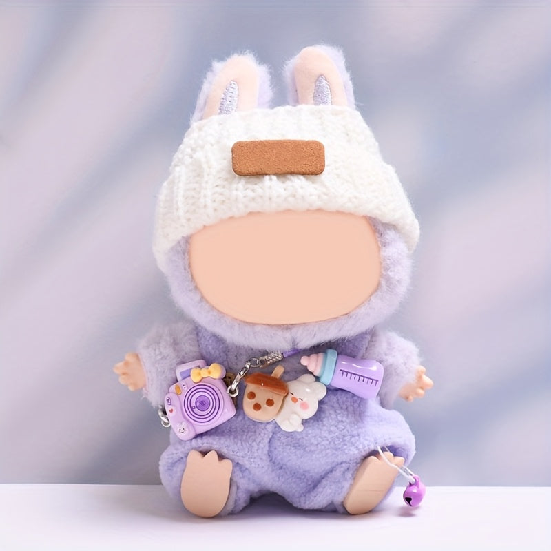 [Cute Crochet Outfit] 3pcs Crochet Outfit for Labubu | Doll Clothes Set with Hat, Overalls & Mini Camera Bag, Cute Handmade Accessories - Doll Not Included