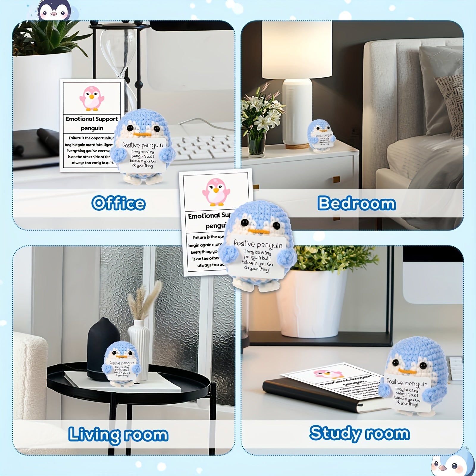 2.56 Inch Funny Positive Penguin, Knitted Emotional Support Penguin Toy with Positive Card Creative Cute Woolen Positive Penguin Crochet Doll Gift for Christmas New Year Friends Encouragement Party Decoration
