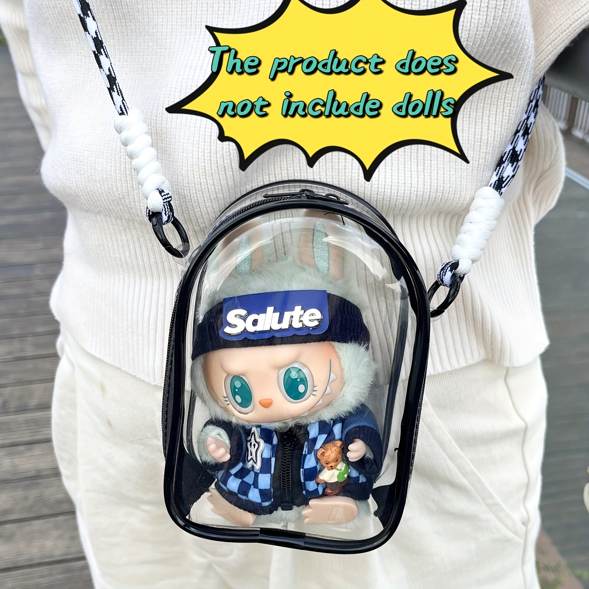 Labubu Is Sitting with a 5.91-Inch Doll Crossbody Cartoon Backpack, a PVC Storage Bag, And Car Curtain Fabric Doll Bag.