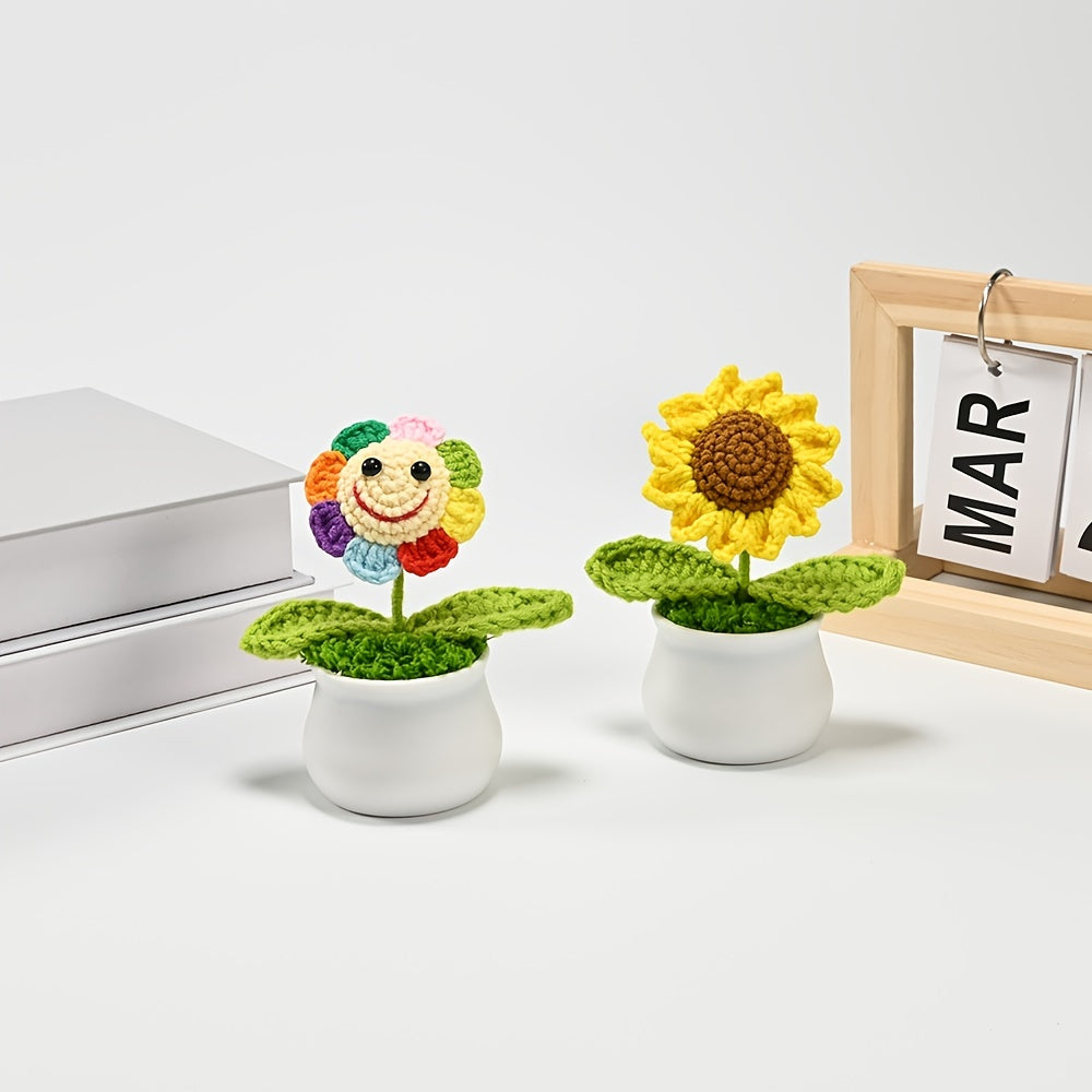 1pc Handmade Crocheted Smiling Sunflower Bonsai Artificial Plant - Vibrant Yellow & Orange Fleeceen Yarn, Realistic Desktop Decor with Pot for Office, Living Room, Bedroom - Thoughtful Gift for Wife, Mother, Girlfriend (Birthday, Christmas, Valentine’s Da