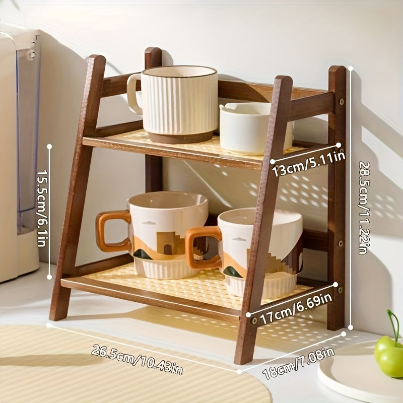 Double layer wooden cup storage rack, 26cm/10 inch artificial rattan mug organizer, suitable for kitchen and living room, compact desktop rack, can hold mugs, cups and small items, durable wooden material, space saving design, vertical rack, Standing Shel