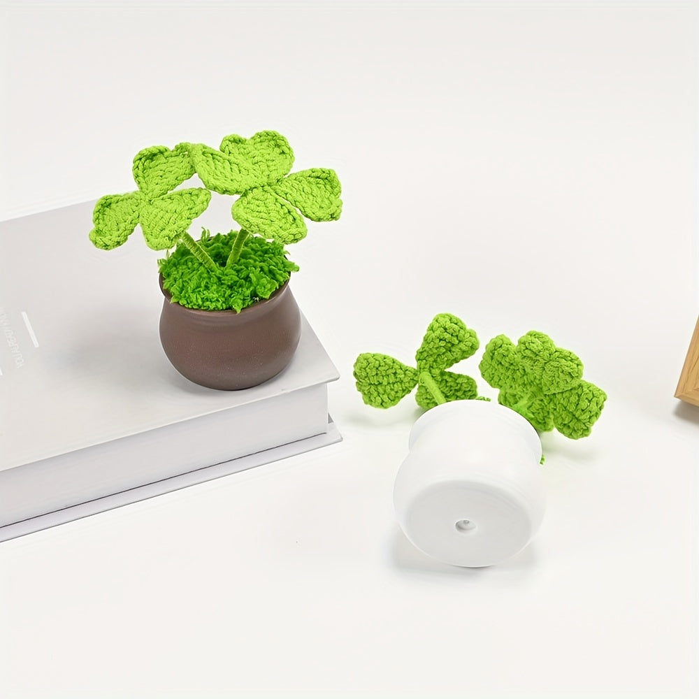 1pc Handmade Artificial Plant Potted, Crocheted Four-leaf Lucky Grass, Unique Knitting Home and Office Desktop Decoration