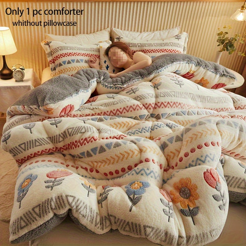 Cozy Boho Floral Snowflake Velvet Comforter - Soft, Light Beige-Friendly & Quilted for All Seasons - Machine Washable, Fade-Resistant Thick Bedding for Bedroom & Guest Room, Christmas present