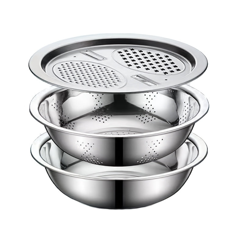 3pcs Stainless Steel Kitchen Set with Integrated Grinder, Multi-Purpose Filter and Mixing Bowl - Ideal for Cleaning and Slicing Fruits, Vegetables, and Cheese | Food Safety with Drainage System, Perfect for Home Cooking, Kitchen Grinder