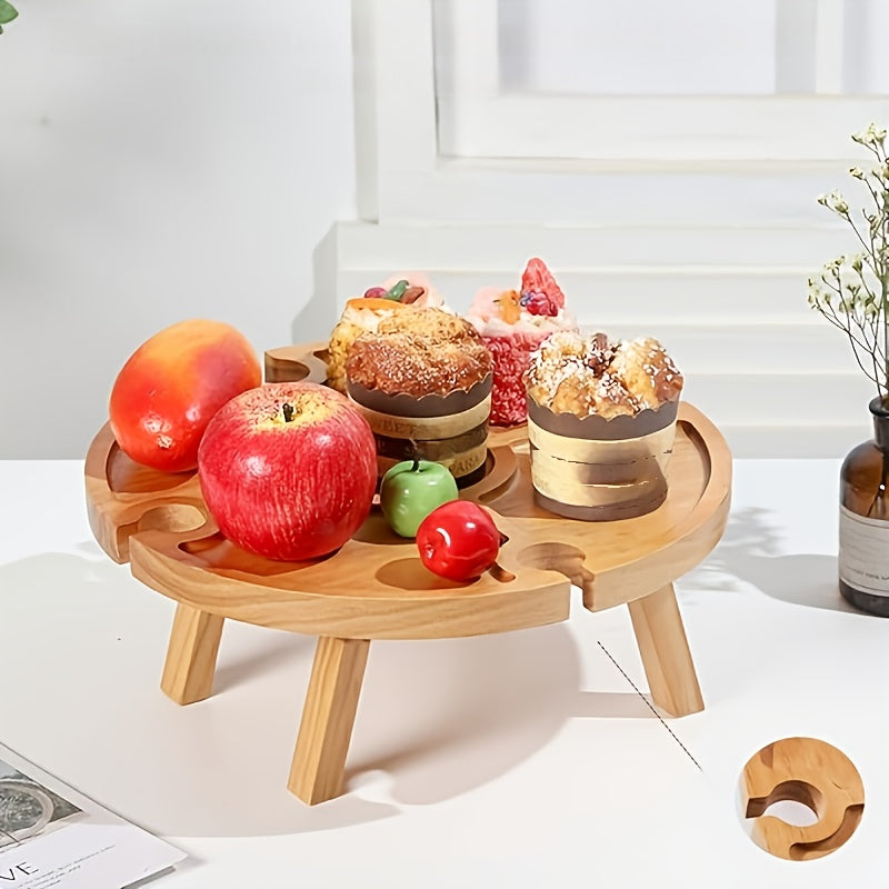 1pc Handmade Wooden Folding Picnic Table with Wine Rack