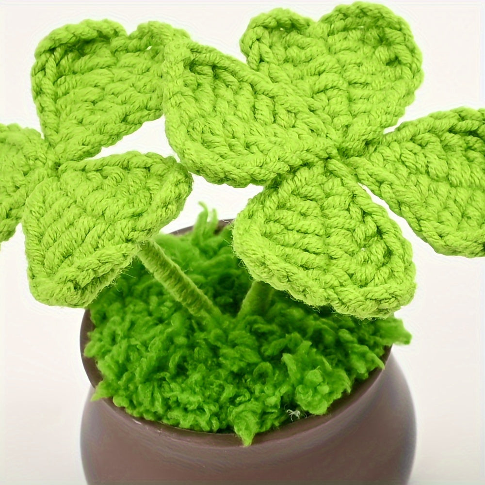 1pc Handmade Artificial Plant Potted, Crocheted Four-leaf Lucky Grass, Unique Knitting Home and Office Desktop Decoration