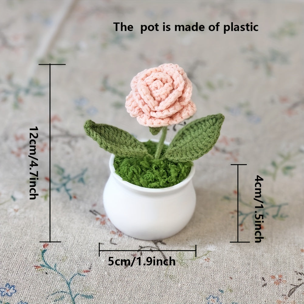 1pc Hand-Knitted Miniature Potted Flower Decor - Vibrant Multicolor Fabric Artificial Floral Arrangement, No Fade No Pill, Cute Table Centerpiece for Home Office Desk, Graduation Party, Festive Gift (No Vase Included)