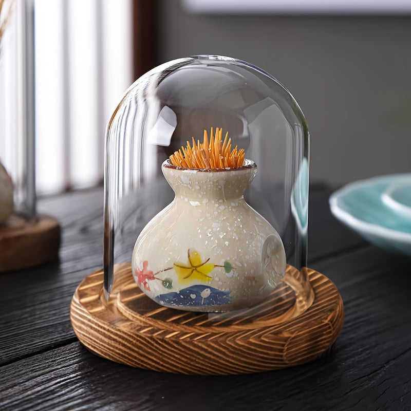 Retro Ceramic Toothpick Box with Glass Dome Cover & Wooden Base - Blue & White Fish Design, Golden Accents - Elegant Home Office Decor, Holiday Gift, Tabletop Decor, Classic Decor, Premium Materials, Decorative Storage, Vintage Lovers