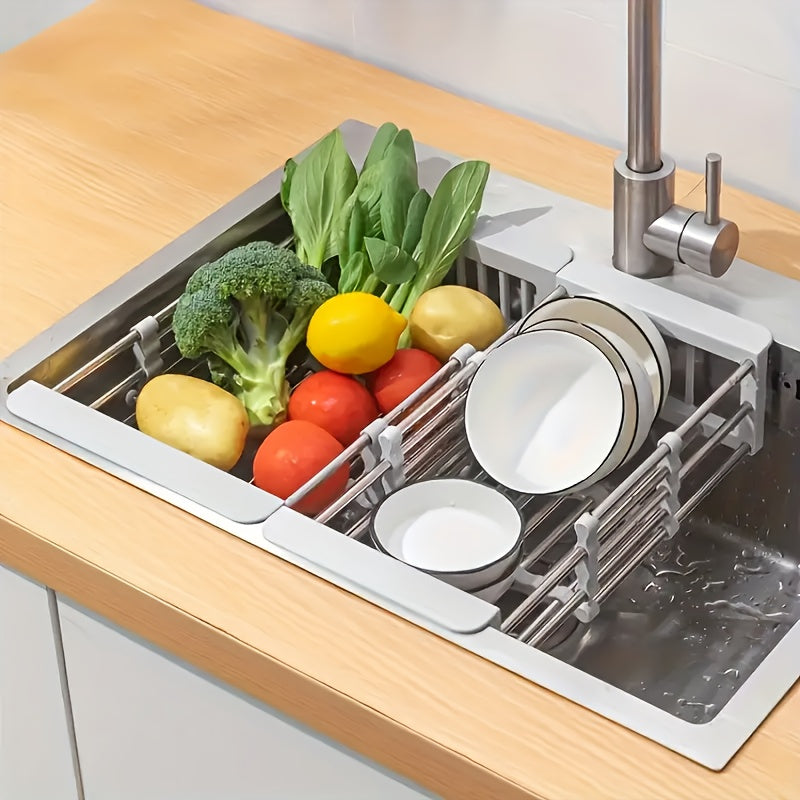 1pc Expandable Stainless Steel Kitchen Sink Organizer Rack, Adjustable Over-the-Sink Dish Drainer with Drainboard for Dishes, Vegetables, and Sponge Storage