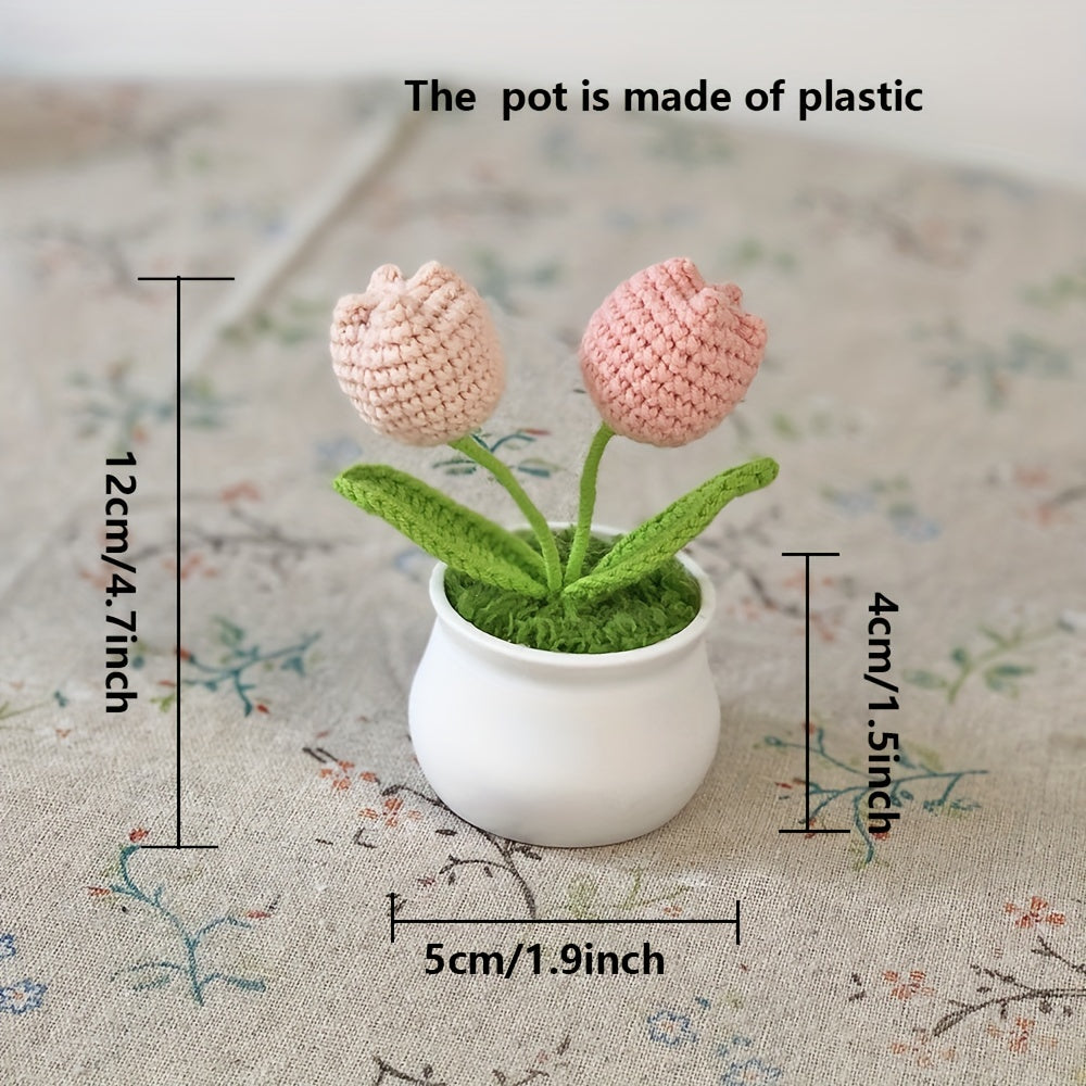 1pc Hand-Knitted Miniature Potted Flower Decor - Vibrant Multicolor Fabric Artificial Floral Arrangement, No Fade No Pill, Cute Table Centerpiece for Home Office Desk, Graduation Party, Festive Gift (No Vase Included)