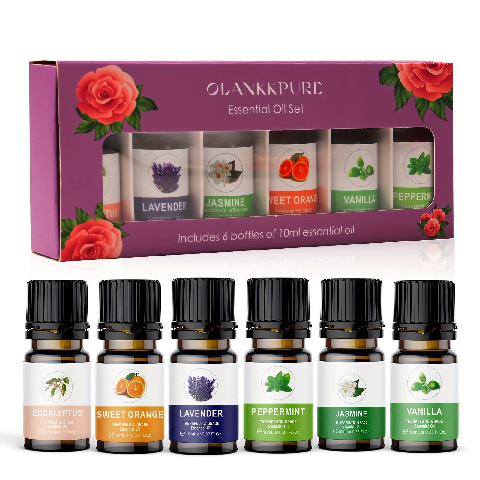 A Set of 6 Essential Oils, Suitable for Air Freshening, Including Lavender, Jasmine, Mint, Eucalyptus, Sweet Orange, And Vanilla.