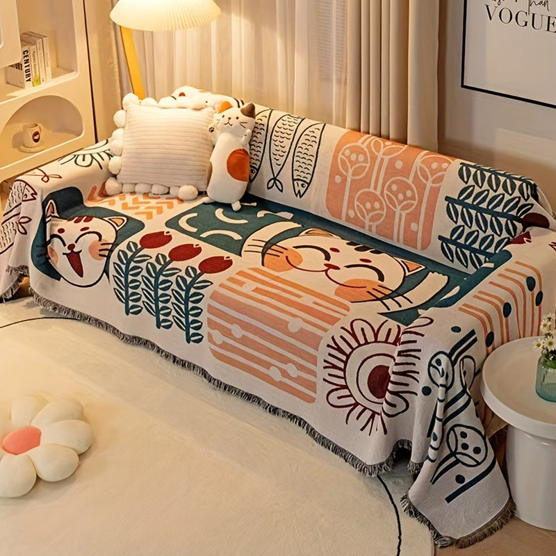 1pc Modern Tassel Sofa Throw Cover - Hand Washable Blend, Universal Fit for Armchair to Sectional Sofas, Botanical & Abstract Cat Patterns, Furniture Protector for Home & Office Decor