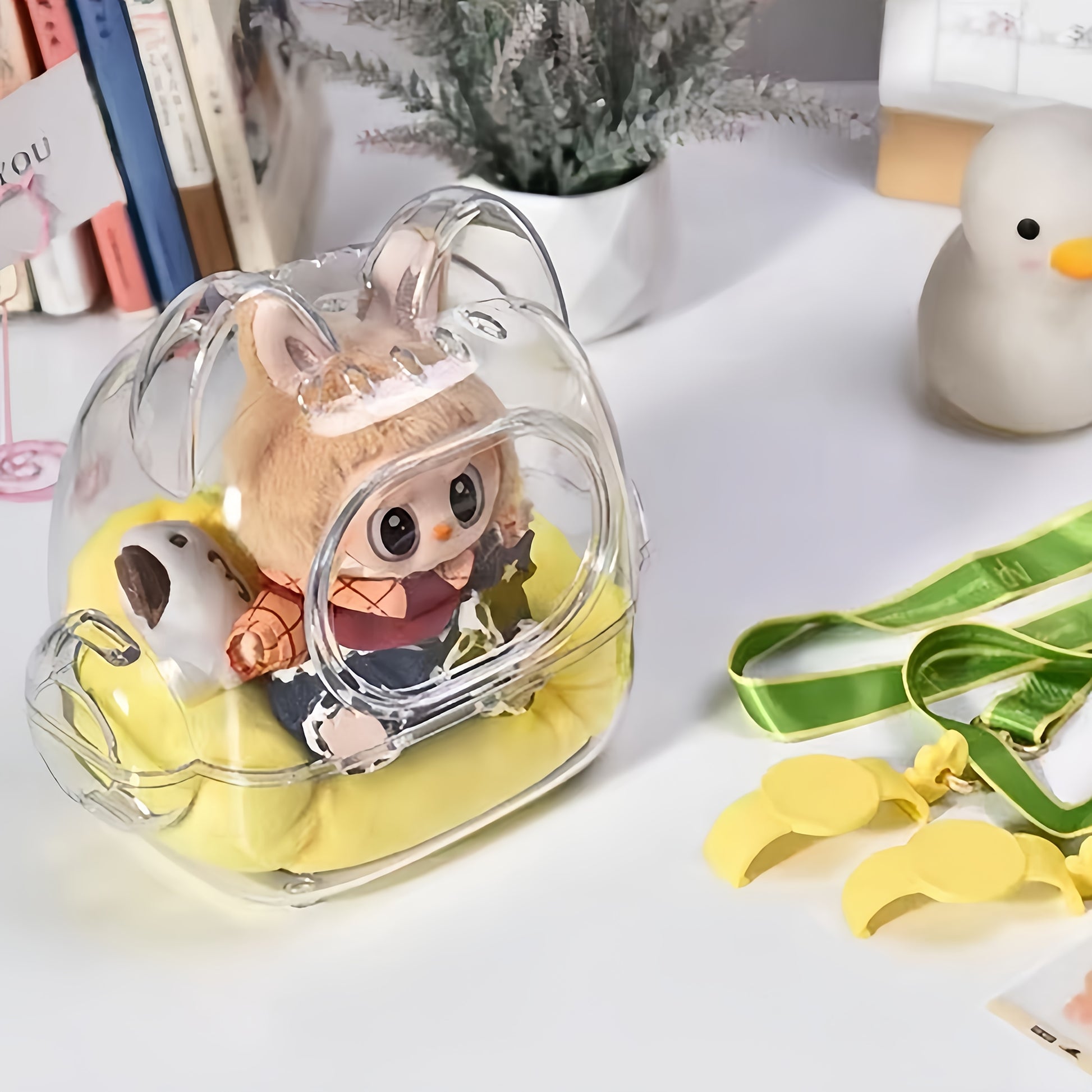 2025 Crystal Clear Acrylic Display Case with Adjustable Strap - Labubu/Crybaby/Skullgirl Anime Figure Showcase, Large Transparent Storage with Detachable Door & Playful Character Design for Collectors, Summer Eye-Catching Glowing Acrylic Carrier, Anime Ac