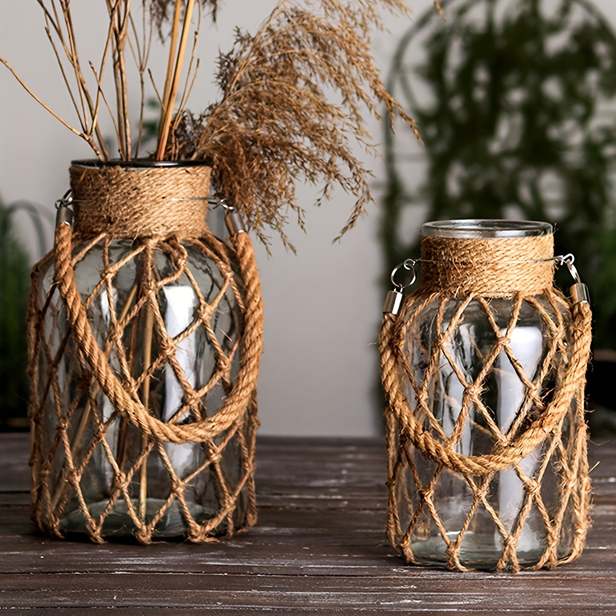 1pc Vintage Woven Mesh Flower Vase, Transparent Glass Hydroponic Vase for Farmhouse Weddings, Home Decor