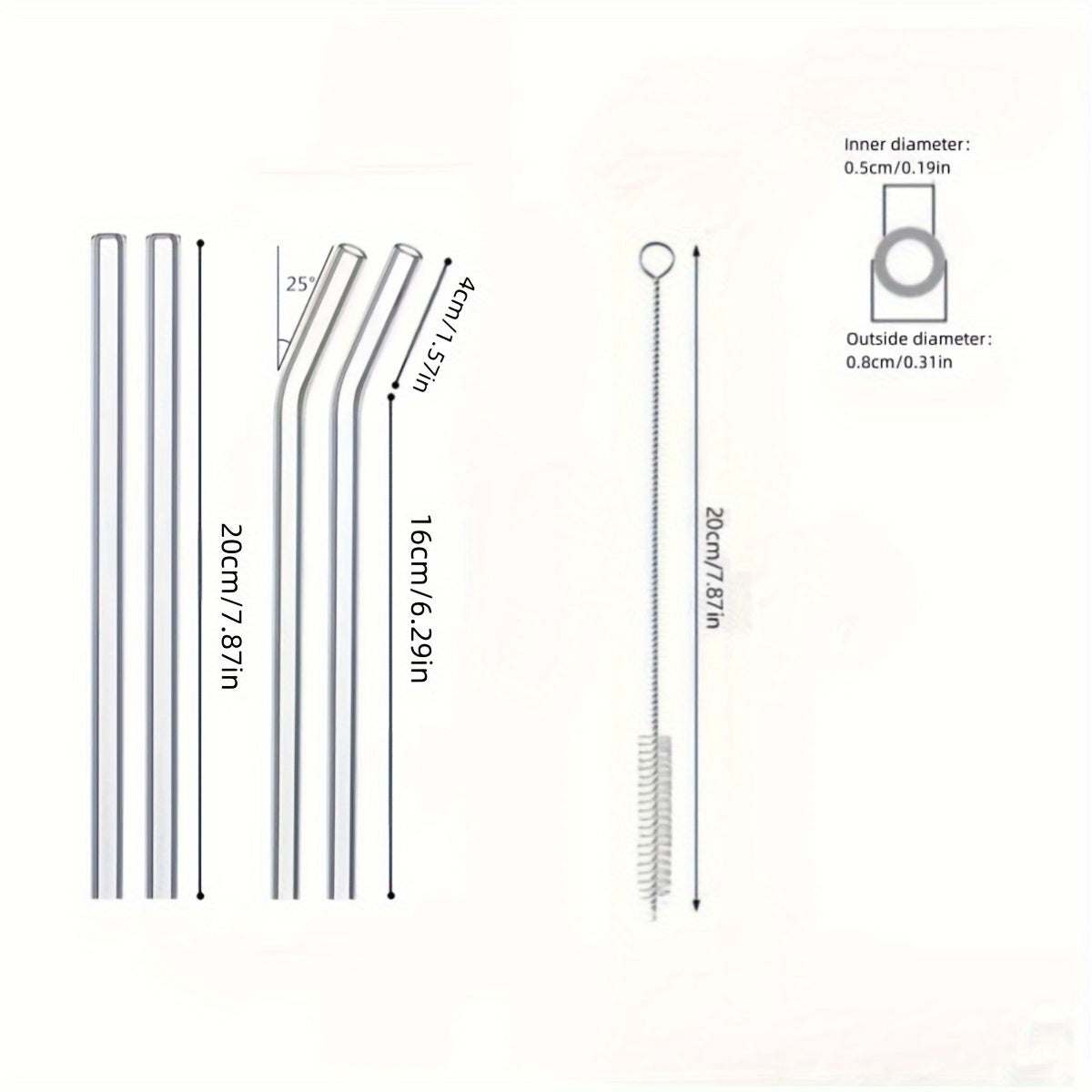 One set of 6 straws + 1 brush. High borosilicate transparent glass straws, heat-resistant, washable and reusable juice straws