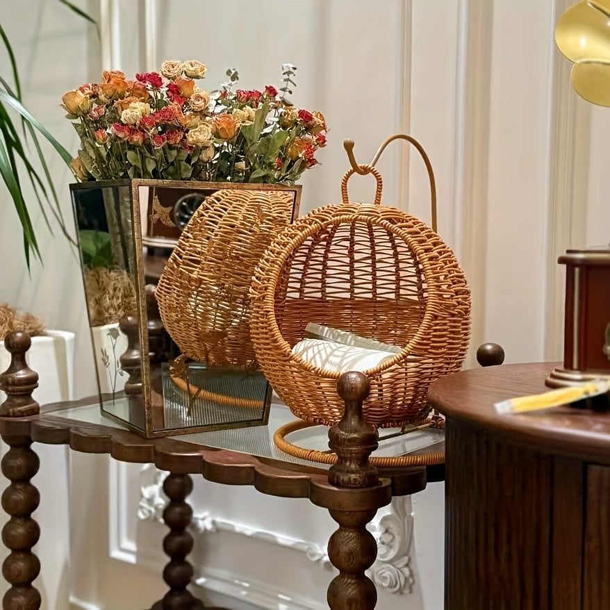 1pc Round Woven Rattan Cat Hammock Basket