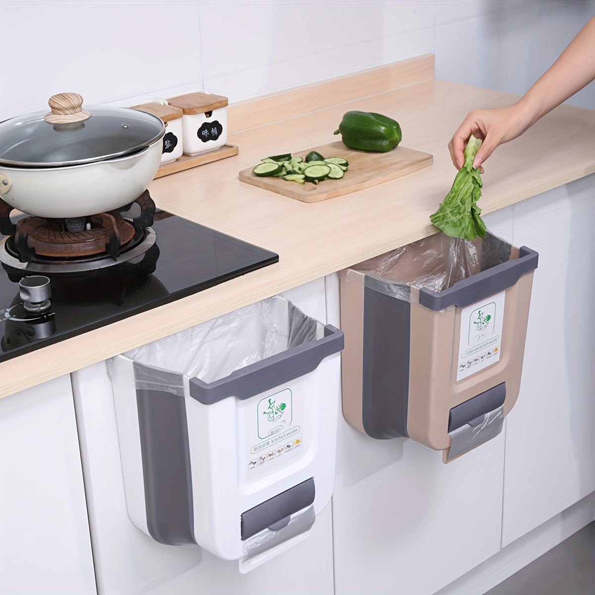 [Creative Sorting, Space-Saving] 1pc Space-Saving Large Foldable Hanging Trash Can - Wall-Mounted Waste Basket for Kitchen Cabinet Doors with Creative Sorting Feature, No Electricity Required, Modern Kitchen Accessory