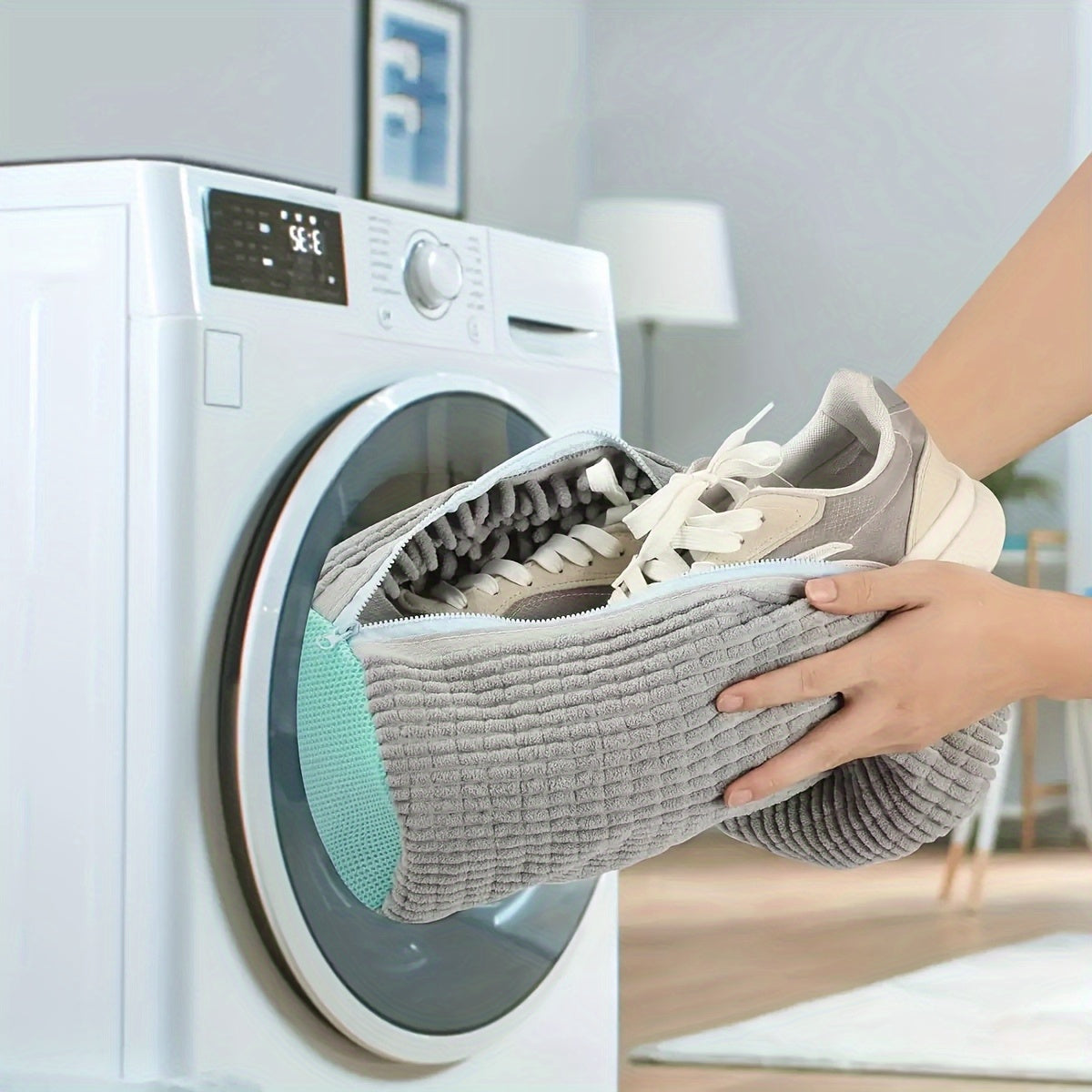 [Soft Laundry Bag] Soft Chenille Laundry Bag | Yellow Shoe Washing Machine Bag for Washer & Dryer with Noise Reduction, Oval Zipper Design, Rich Fluff Lining, Durable Polyester for Sneakers & Most Footwear