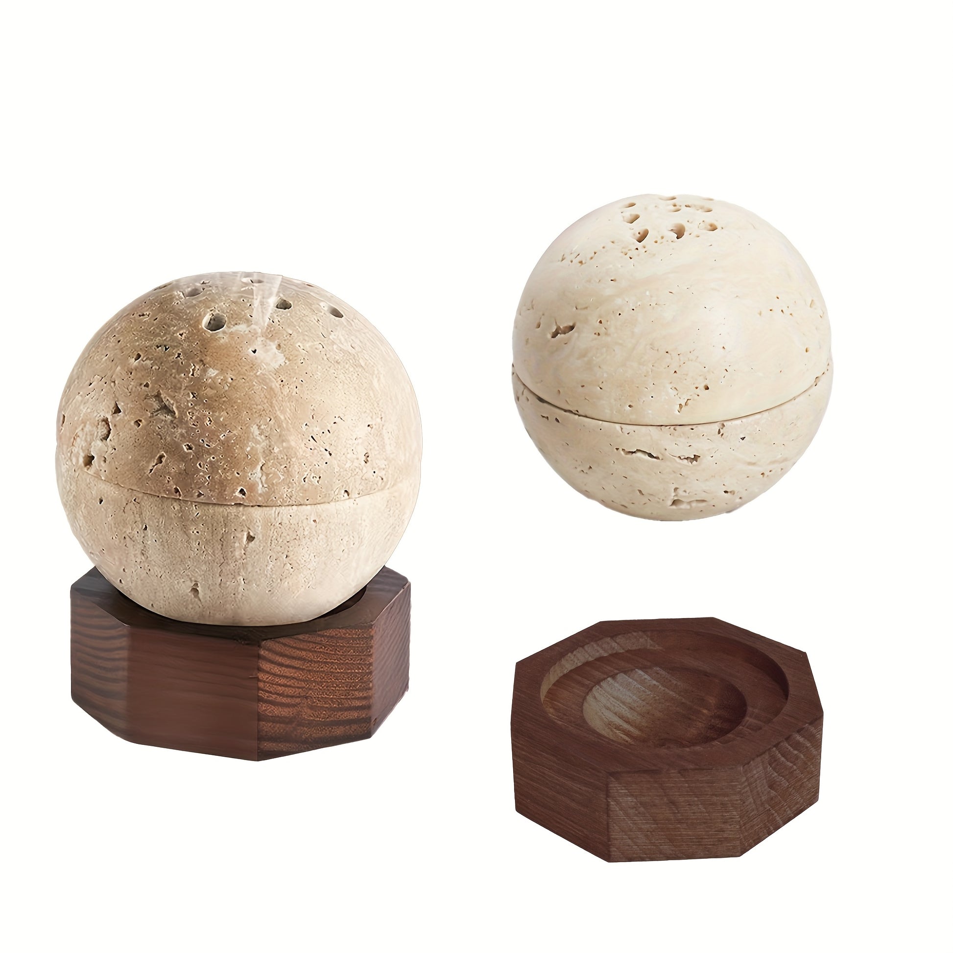 1pc Natural Travertine Round Handmade Sphere Incense Burner