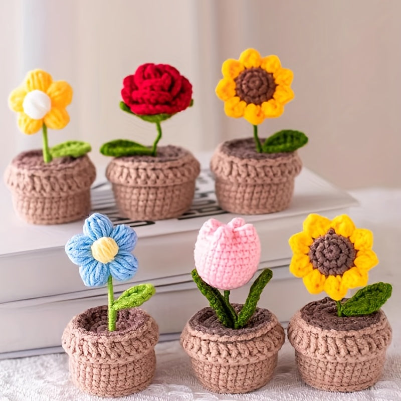 Handmade Crochet Polyester Sunflower Rose Tulip Puff Carnation Miniature Bonsai Car Parts for Living Room Tabletop Decor, No Electricity Needed, Perfect for Christmas, Thanksgiving, Valentine's, Mother'S Day, Graduation Gifts