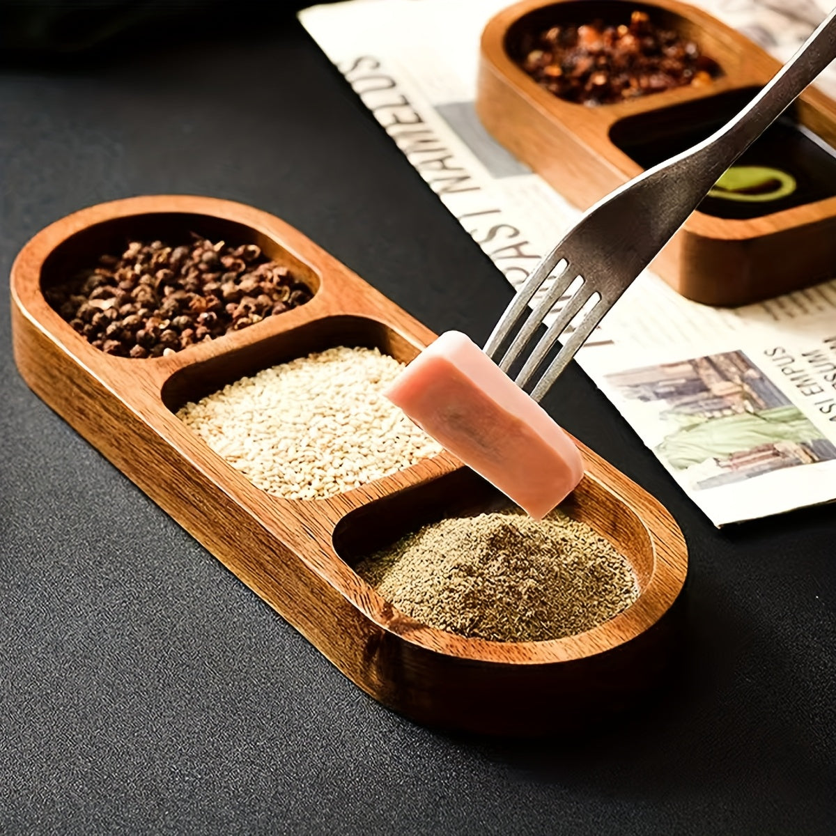1pc Solid Wood Spice Organizer Dish with 6 Compartments