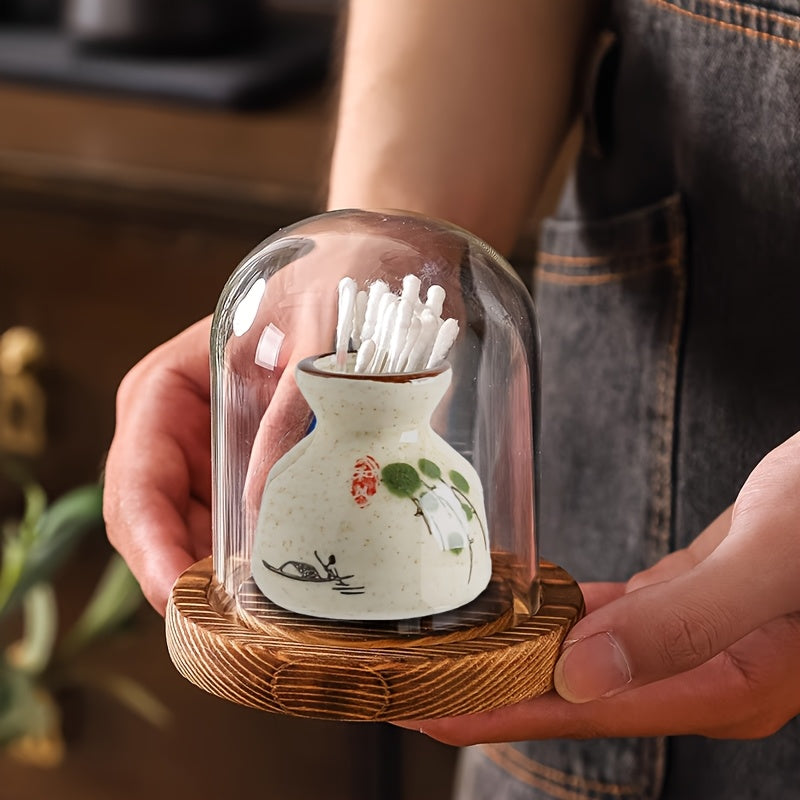 Retro Ceramic Toothpick Box with Glass Dome Cover & Wooden Base - Blue & White Fish Design, Golden Accents - Elegant Home Office Decor, Holiday Gift, Tabletop Decor, Classic Decor, Premium Materials, Decorative Storage, Vintage Lovers
