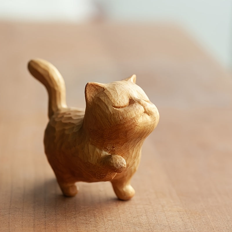 1PC Handcrafted Wooden Cat Figurine, Chisel Textured Finish, Charming Collectible for Various Room Types - Indoor & Outdoor Display, Electricity-Free Decoration