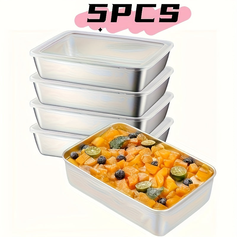 Set Of 5 Stainless Steel Food Storage Containers With Transparent Lids - Large Square Containers, Suitable For Meat, Fruits, And Vegetables - Perfect For Camping, Outdoor, And Home Use, Stackable Kitchen Organizer, Best Choice For Christmas, Perfect Gift