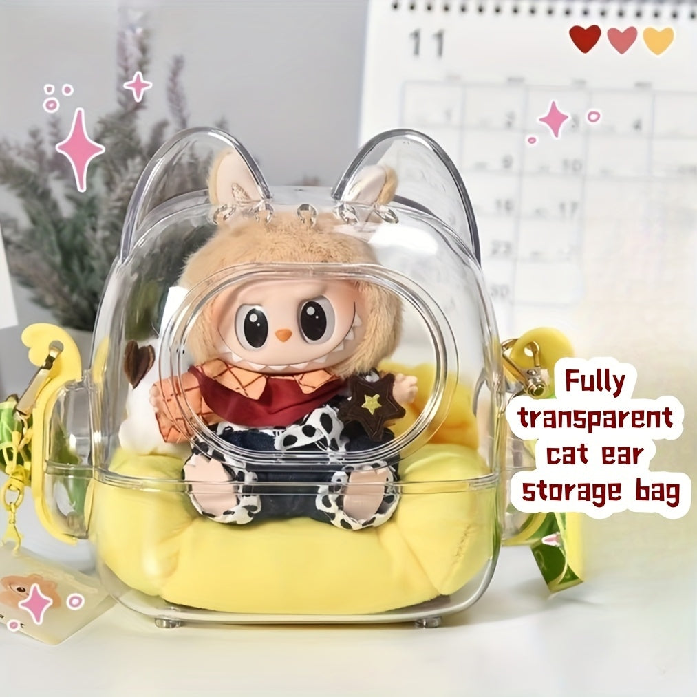 2025 Crystal Clear Acrylic Display Case with Adjustable Strap - Labubu/Crybaby/Skullgirl Anime Figure Showcase, Large Transparent Storage with Detachable Door & Playful Character Design for Collectors, Summer Eye-Catching Glowing Acrylic Carrier, Anime Ac