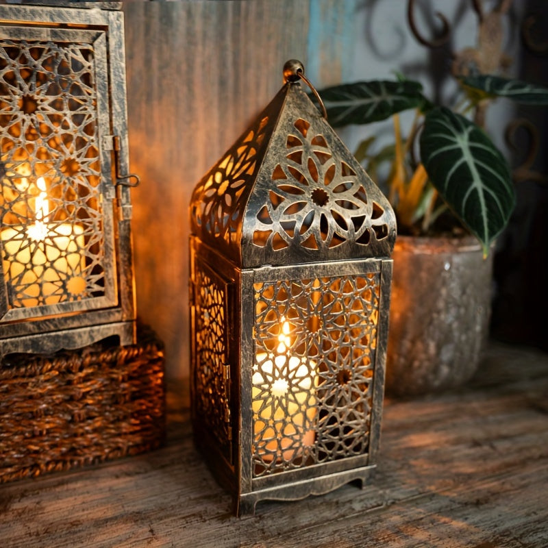 2-Pack Iron Metal Moroccan Style Lanterns, Hollow-Out Projection Art Candle Holders for Festive Tabletop Decor, Halloween, Valentine's, Thanksgiving, Christmas, Home & Kitchen