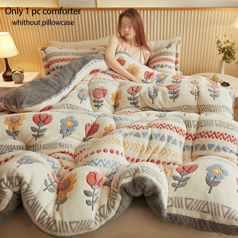 Cozy Boho Floral Snowflake Velvet Comforter - Soft, Light Beige-Friendly & Quilted for All Seasons - Machine Washable, Fade-Resistant Thick Bedding for Bedroom & Guest Room, Christmas present