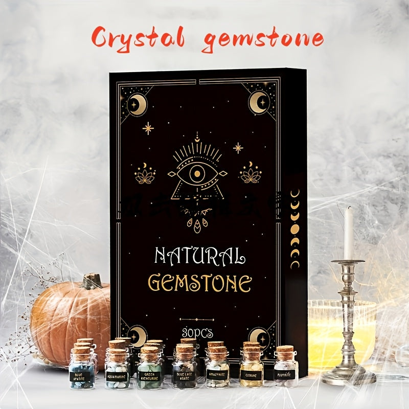 30pcs Witchcraft Crystal Jars Set, Mini Gemstones for Wiccan Altar, Non-Electric Witch Supplies, Mystical Healing Stones in Bottles, Wiccan Crafting Tools, for Halloween