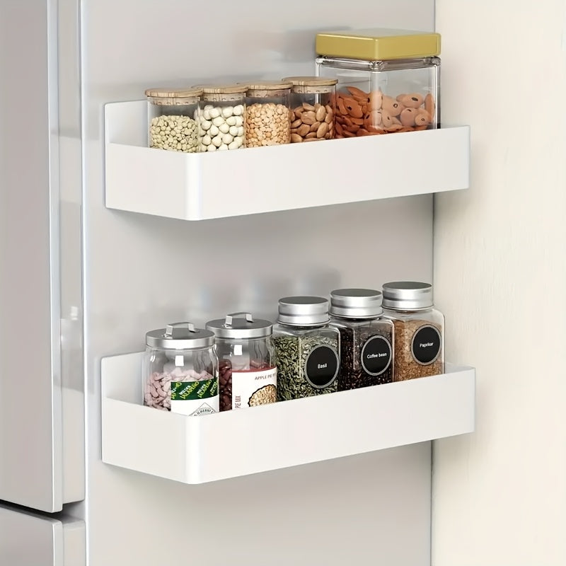 2-Pack Large Magnetic Plastic Storage Baskets for Refrigerator, Microwave, and Washing Machine - Multifunctional Kitchen Organizer, Side Spice Rack Magnetic Holder with No-Drill & Glue Required, Removable Shelf