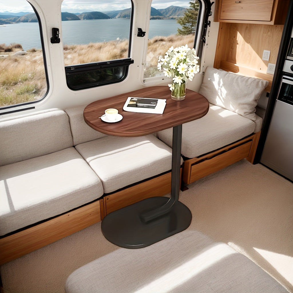 Cozy Appeal| Elegant Walnut Wood C-Shaped Side Table - Modern Durable Construction with Sturdy Black Metal Frame - Compact Design Ideal for RVs and Homes, Easy to Carry, Bedroom Side Table|Modern Side Table|Wood Metal Mix, Room Decor RV Tables