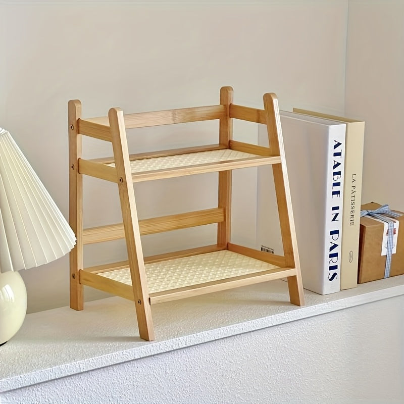 Double layer wooden cup storage rack, 26cm/10 inch artificial rattan mug organizer, suitable for kitchen and living room, compact desktop rack, can hold mugs, cups and small items, durable wooden material, space saving design, vertical rack, Standing Shel