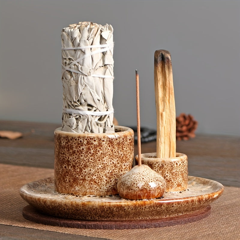 1pc 4-in-1 Ceramic Incense Burner Holder – Palo Santo & Sage Smudge Stand with Stick & Candle Holder, Elegant Home Decor for Meditation, Yoga, and Aromatherapy Relaxation, Home Relaxation | Rustic Ceramic Holder | Terracotta Design, Incense Holder