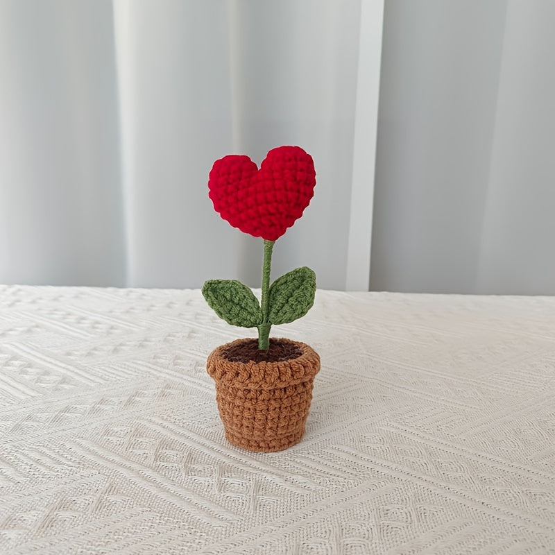 1pc Handcrafted Crochet Heart-Shaped Potted Plant, Fabric Artificial Peony Decoration, No Electricity Needed, Valentine's Day Home Decor Accent