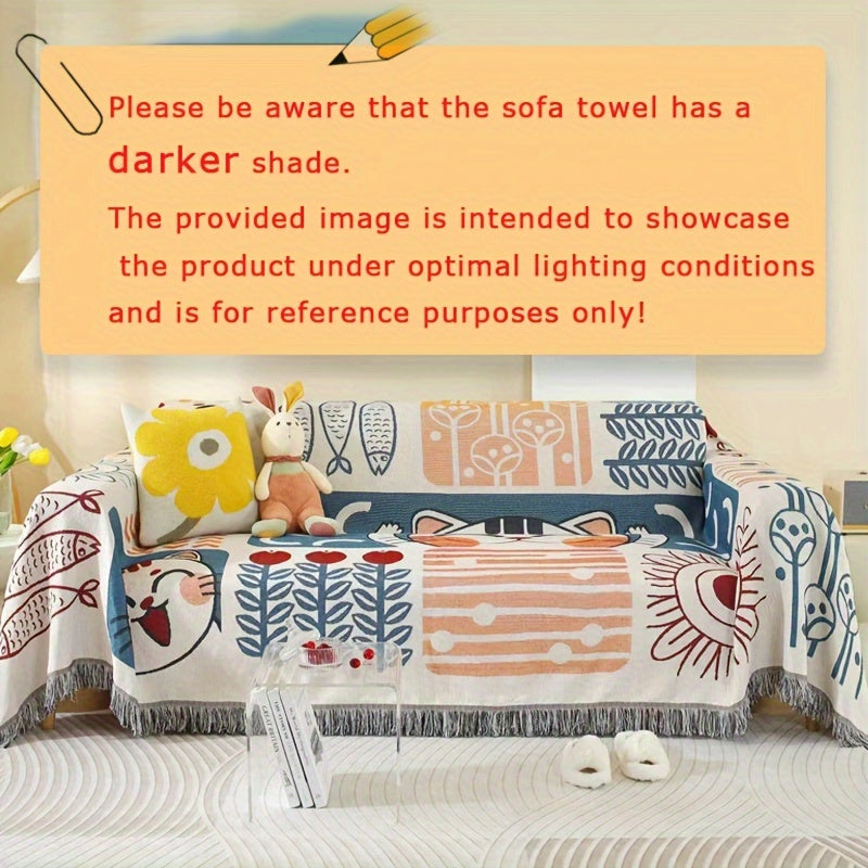 1pc Modern Tassel Sofa Throw Cover - Hand Washable Blend, Universal Fit for Armchair to Sectional Sofas, Botanical & Abstract Cat Patterns, Furniture Protector for Home & Office Decor