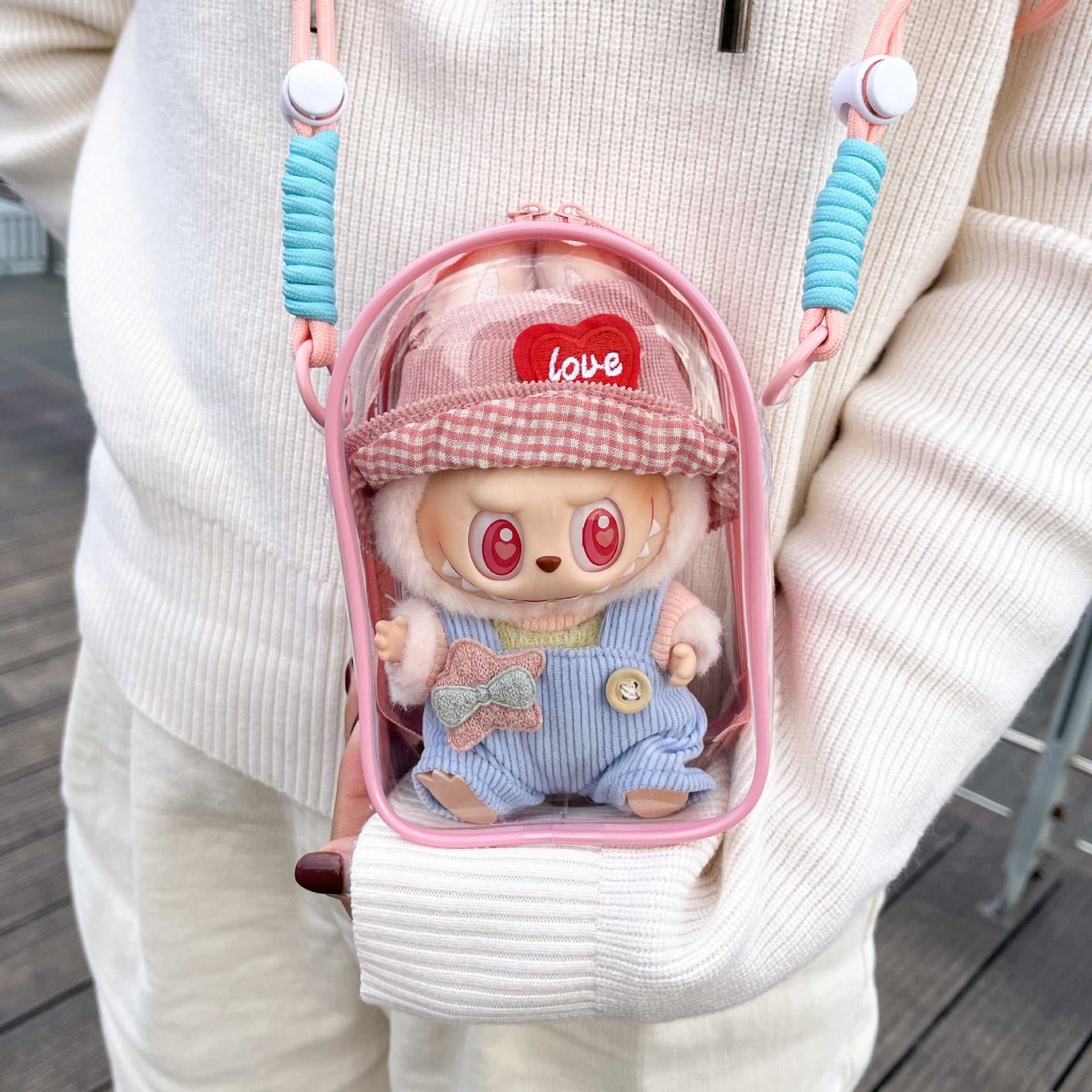 Labubu Is Sitting with a 5.91-Inch Doll Crossbody Cartoon Backpack, a PVC Storage Bag, And Car Curtain Fabric Doll Bag.