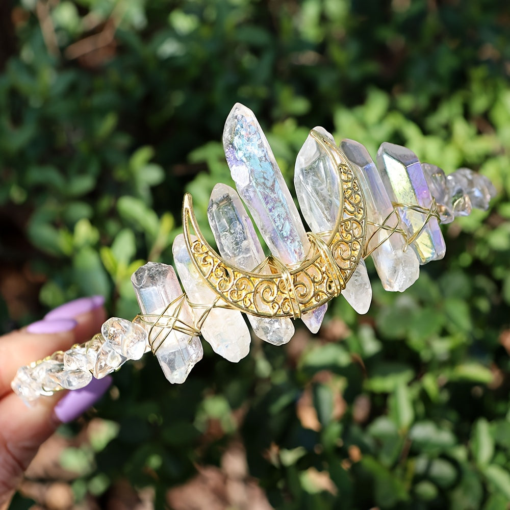 1pc Elegant Natural Crystal Headband - Moon Shaped Hollow Tiara - Chic Hair Jewelry for Special Occasions and Everyday Glamour