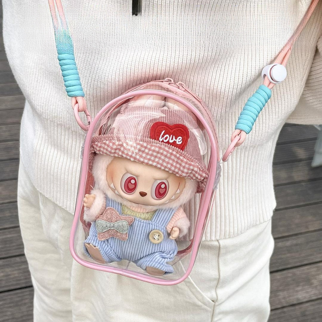 Labubu Is Sitting with a 5.91-Inch Doll Crossbody Cartoon Backpack, a PVC Storage Bag, And Car Curtain Fabric Doll Bag.