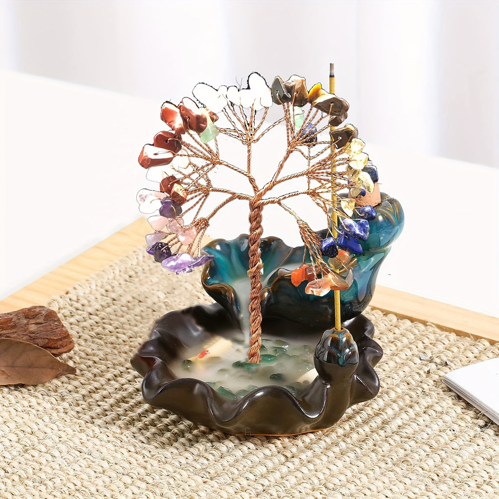 A Ceramic Incense Burner with 7 Flowing Water Crystal Money Trees, Suitable for Yoga Meditation And Home Decoration.