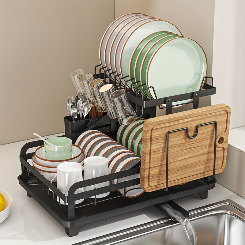 1pc Dish Drying Rack Drainboard, Large 2 Tier Metal Dish Racks with Drainage, Glass Holder, Utensil Holder and Extra Drying Mat, Dish Drainers for Kitchen Counter, Black, White& Grey