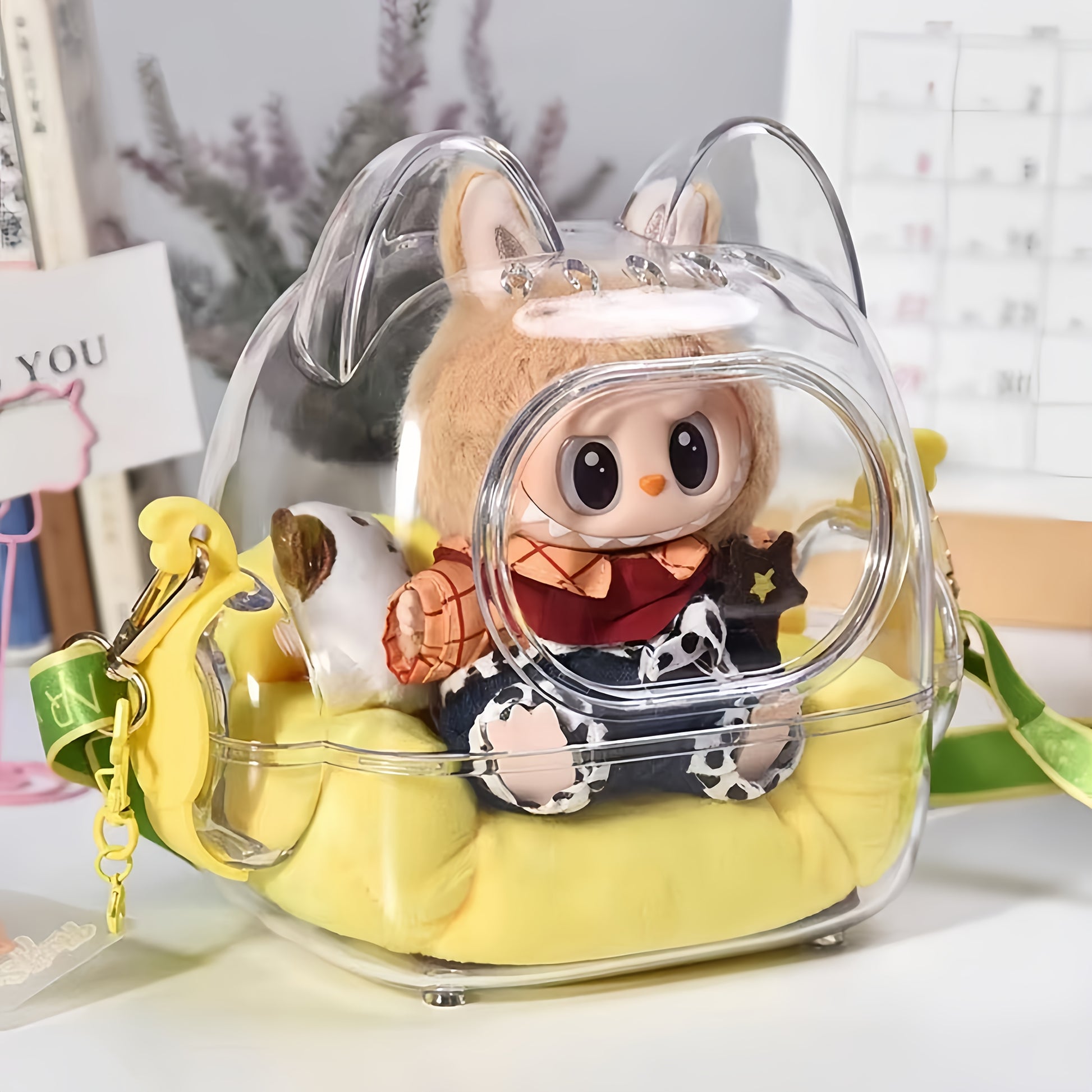 2025 Crystal Clear Acrylic Display Case with Adjustable Strap - Labubu/Crybaby/Skullgirl Anime Figure Showcase, Large Transparent Storage with Detachable Door & Playful Character Design for Collectors, Summer Eye-Catching Glowing Acrylic Carrier, Anime Ac