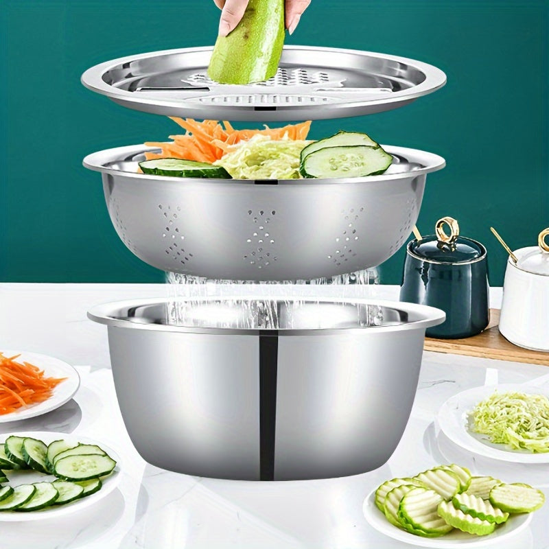 3pcs Stainless Steel Kitchen Set with Integrated Grinder, Multi-Purpose Filter and Mixing Bowl - Ideal for Cleaning and Slicing Fruits, Vegetables, and Cheese | Food Safety with Drainage System, Perfect for Home Cooking, Kitchen Grinder