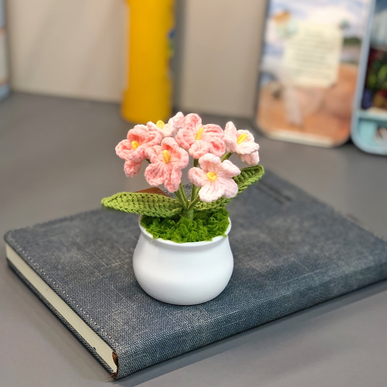 1pc Hand-Knitted Miniature Potted Flower Decor - Vibrant Multicolor Fabric Artificial Floral Arrangement, No Fade No Pill, Cute Table Centerpiece for Home Office Desk, Graduation Party, Festive Gift (No Vase Included)