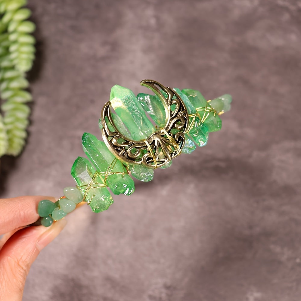 1pc Elegant Natural Crystal Headband - Moon Shaped Hollow Tiara - Chic Hair Jewelry for Special Occasions and Everyday Glamour